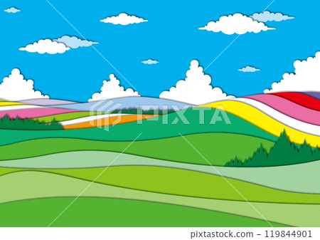 A simple paper-cut landscape of rolling hills and flower fields 119844901