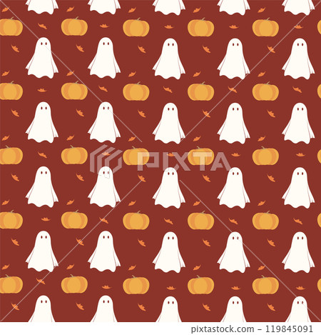 Seamless pattern halloween with cute ghost and pumpkins. Cartoon celebration vector art 119845091