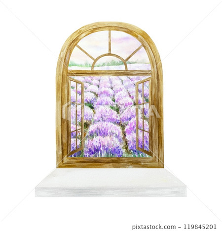 Window with lavender field view, window sill. Hand drawn watercolor illustration isolated. Cosmetic labels, postcards, spa certificates, invitations. 119845201