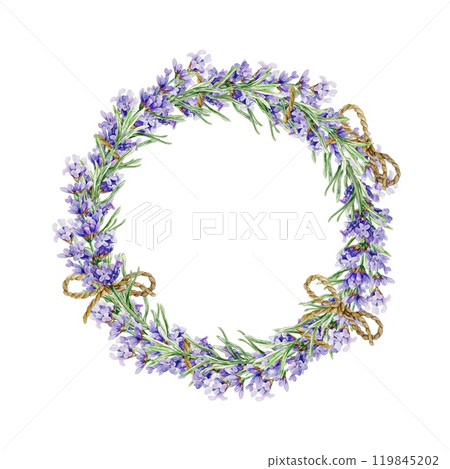Lavender wreath tied. Round floral frame. Watercolor illustration of Provence flowers isolated. Cosmetic labels, cards, spa certificates, invitations. 119845202