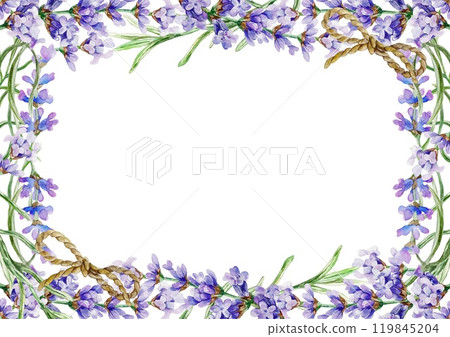 Lavender frame. Hand drawn watercolor illustration of purple Provencal flowers isolated on white. For birthday cards, wedding invitations, labels. Lavender frame. Hand drawn watercolor illustration of purple Provencal flowers isolated on white. For birthday cards, wedding invitations, labels. 119845204