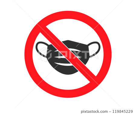 No face mask icon symbol. Protection mask not allowed sign logo. Vector illustration image. Isolated on white background. No face mask icon symbol. Protection mask not allowed sign logo. Vector illustration image. Isolated on white background. 119845229