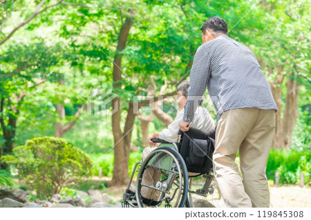 高級婦女，中間人，父母和孩子，輪椅，後視圖 119845308