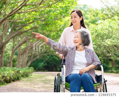 Senior woman with wheelchair and caregiver 119845375