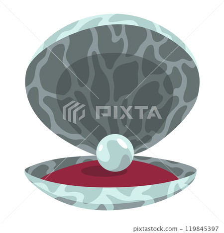 Pearl in seashell. Open seashell scallop and pearl shell icon. Beautiful pearl in clam shell in cartoon flat style. Vector illustration isolated on white background Pearl in seashell. Open seashell scallop and pearl shell icon. Beautiful pearl in clam shell in cartoon flat style. Vector illustration isolated on white background 119845397