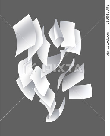 Falling paper sheets. Set of flying curved leaves of paper. Vector loose soar of notes with curled edges. Fly scattered notes, empty chaotic paperwork Falling paper sheets. Set of flying curved leaves of paper. Vector loose soar of notes with curled edges. Fly scattered notes, empty chaotic paperwork 119845398