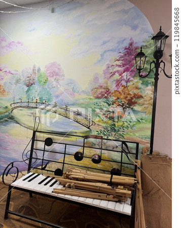 Artistic Bench with Musical Notes and Pastel Wall Mural Scene 119845668