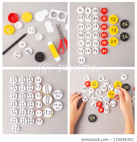 DIY educational math game using plastic bottle caps with multiplication tables on a gray background. Step-by-step tutorial. Educational concept for children learning and math activities, DIY educational math game using plastic bottle caps with multiplication tables on a gray background. Step-by-step tutorial. Educational concept for children learning and math activities, 119846301