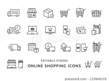 Icon set related to online shopping and online supermarkets (monochrome) Icon set related to online shopping and online supermarkets (monochrome) 119846378