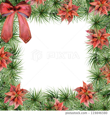 Pine tree, fir tree, spruce, poinsettia, red ribbon bow. Watercolor hand drawn illustration, border frame isolated on white. Xmas, happy new year festive, noel navidad. Cards, gifts, florist shop. Pine tree, fir tree, spruce, poinsettia, red ribbon bow. Watercolor hand drawn illustration, border frame isolated on white. Xmas, happy new year festive, noel navidad. Cards, gifts, florist shop. 119846380