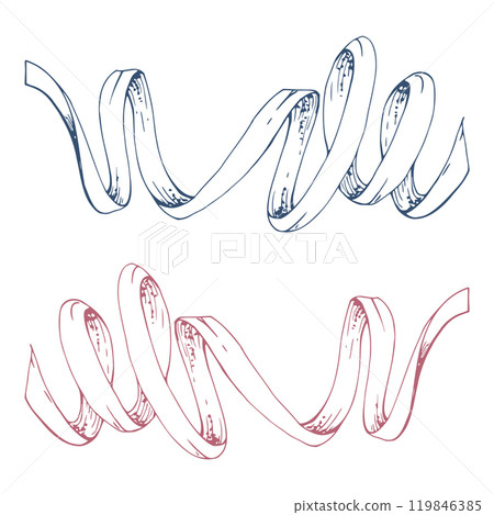 Red indigo ribbon lace braid zigzag tassel serpentine. Hand drawn ink vector illustration sewing craft embroidery supplies. Set of isolated objects. Design atelier, tailor hobby shop, fashion boutique 119846385