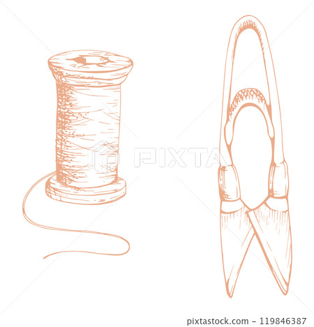Fabric scissors cutting snips, thread bobbin spool skein. Hand drawn ink vector illustration sewing craft supplies. Set of objects isolated on white background. Design atelier, tailor, hobby shop 119846387