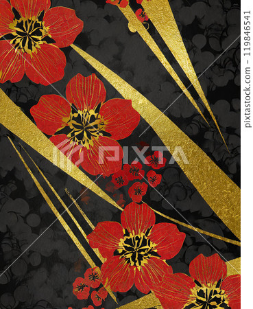 Gorgeous Japanese-style floral background material with gold and red on black 119846541
