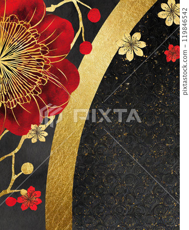 Gorgeous Japanese-style floral background material with gold and red on black 119846542