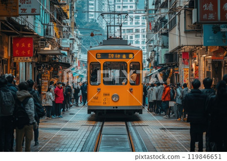 Hong kong tram passing through busy street with waiting tourists 119846651