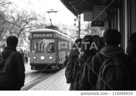 Students waiting for tram at station in black and white Students waiting for tram at station in black and white 119846654
