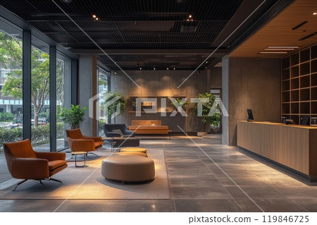 Stylish and spacious hotel lobby provides a welcoming atmosphere 119846725