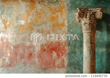 Ancient roman column standing by colorful stucco wall 119846730