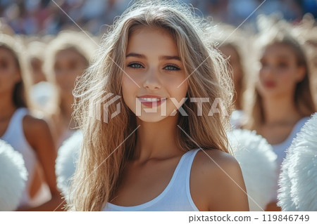Cheerleader smiling with teammates in background at pep rally 119846749
