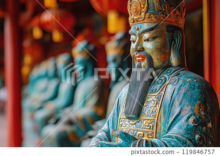 Ancient chinese deity statue standing guarding a place of worship 119846757