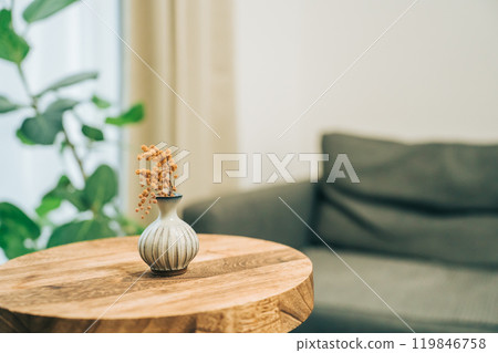 Dried mimosa flowers in a vase on a table Dried mimosa flowers in a vase on a table 119846758