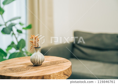 桌上的一瓶乾燥含羞草花 桌上的一瓶乾燥含羞草花 119846761