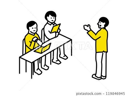 圖解：一個人解釋，兩個人坐在辦公桌前聆聽 119846945