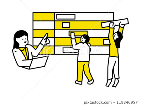 Illustration of people planning using a Gantt chart 119846957