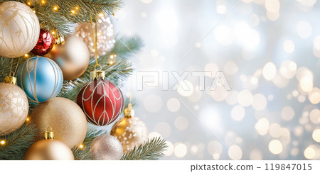 Christmas tree decorated with colorful balls on golden blurred background.  AI-generation item  119847015