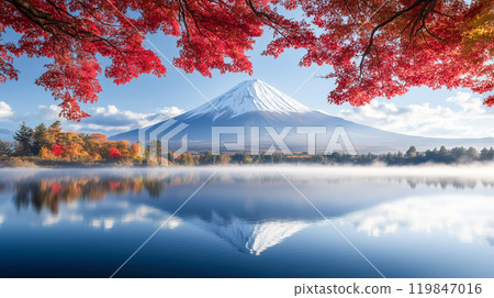 Amazing landscape of mount Fuji and autumn maple leaves in japan. AI-generation item  Amazing landscape of mount Fuji and autumn maple leaves in japan. AI-generation item  119847016