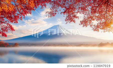 Fuji Mountain with morning mist and autumn red maple leaves at Kawaguchiko lake in Japan. AI-generation item  119847019