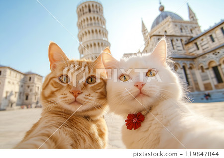 Happy couple in love, white fluffy female cat and red male cat take a selfie against the backdrop of the Leaning Tower of Pisa in Italy. AI-generation item  119847044