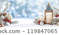Christmas decoration with lantern and ornament on snow against forest background and bokeh lights. AI-generation item  119847065