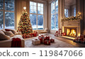Christmas tree in living room with fireplace, gifts and decorations. AI-generation item   119847066