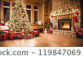 Cozy holiday room with Christmas tree, gifts and brick fireplace, decorated for Christmas. AI-generation item 119847069