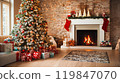 Christmas tree in living room with fireplace, gifts and decorations. AI-generation item  119847070