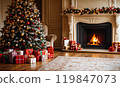 Cozy holiday room with fireplace and Christmas tree, decorated for Christmas. AI-generation item  119847073