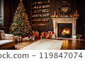 Cozy holiday room with fireplace and Christmas tree, decorated for Christmas. AI-generation item  119847074
