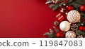 Christmas red background with Christmas fir tree and balls decorations. AI-generation item  119847083