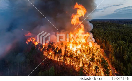 Aerial image of a large forest fire with flames and black smoke burning. Aerial image of forest fires, natural disasters, and environmental issues. Aerial image of a large forest fire with flames and black smoke burning. Aerial image of forest fires, natural disasters, and environmental issues. 119847196