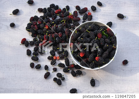 Top view of mulberries bowl on wooden background. 119847205