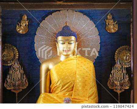 The Buddha who subdues demons is the principal image of the main hall of the Daibodaiji Temple, which is located in the place where the Buddha attained enlightenment, one of the sacred places of the Buddha in India. 119847424
