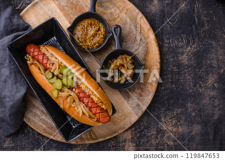 Hot dog with sausages. Traditional American fast food Hot dog with sausages. Traditional American fast food 119847653