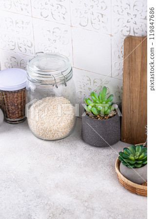 Kitchen counter top with cutting board 119847686