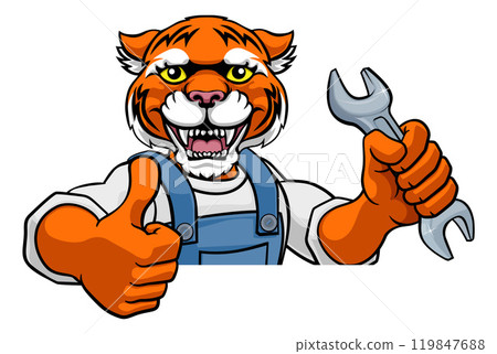 Tiger Plumber Or Mechanic Holding Spanner Tiger Plumber Or Mechanic Holding Spanner 119847688
