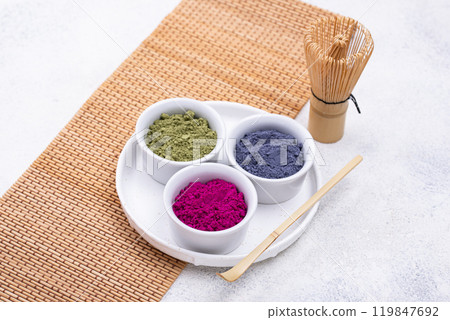 Green, blue and pink matcha powder Green, blue and pink matcha powder 119847692