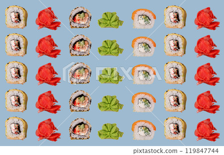 Colorful sushi rolls arranged in grid Colorful sushi rolls arranged in grid 119847744