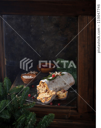 Festive homemade stollen on dark background 119847746