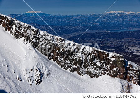 The crater wall of Mount Io in the Yatsugatake mountain range in the harsh winter, along with Mount Ontake, Mount Norikura, and Lake Suwa The crater wall of Mount Io in the Yatsugatake mountain range in the harsh winter, along with Mount Ontake, Mount Norikura, and Lake Suwa 119847762