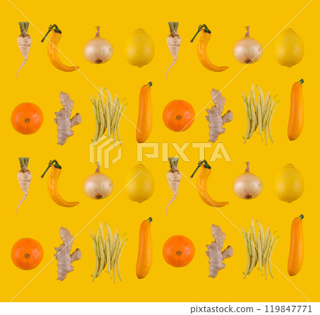 Vibrant produce pattern on yellow background 119847771